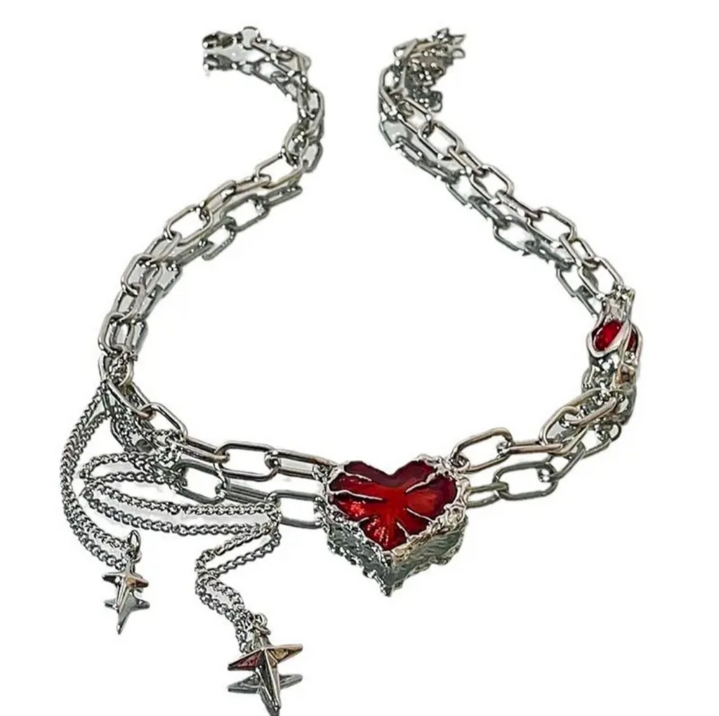 Crimson Irregular Heart Star Drop Tassle Necklace
