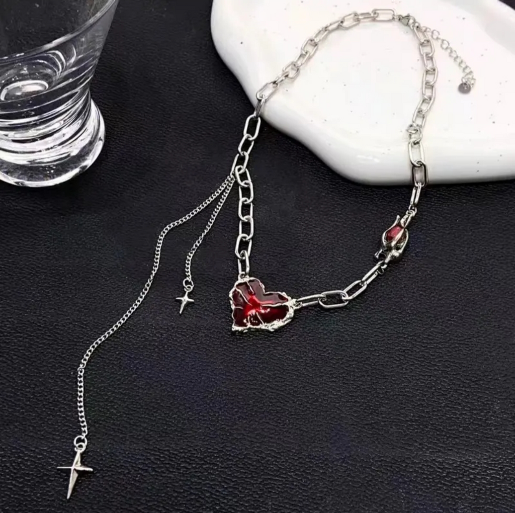 Crimson Irregular Heart Star Drop Tassle Necklace