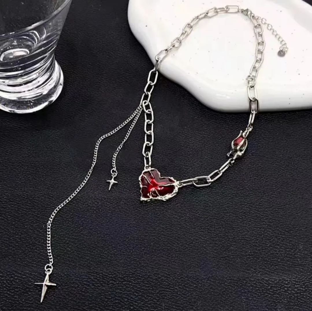 Crimson Irregular Heart Star Drop Tassle Necklace