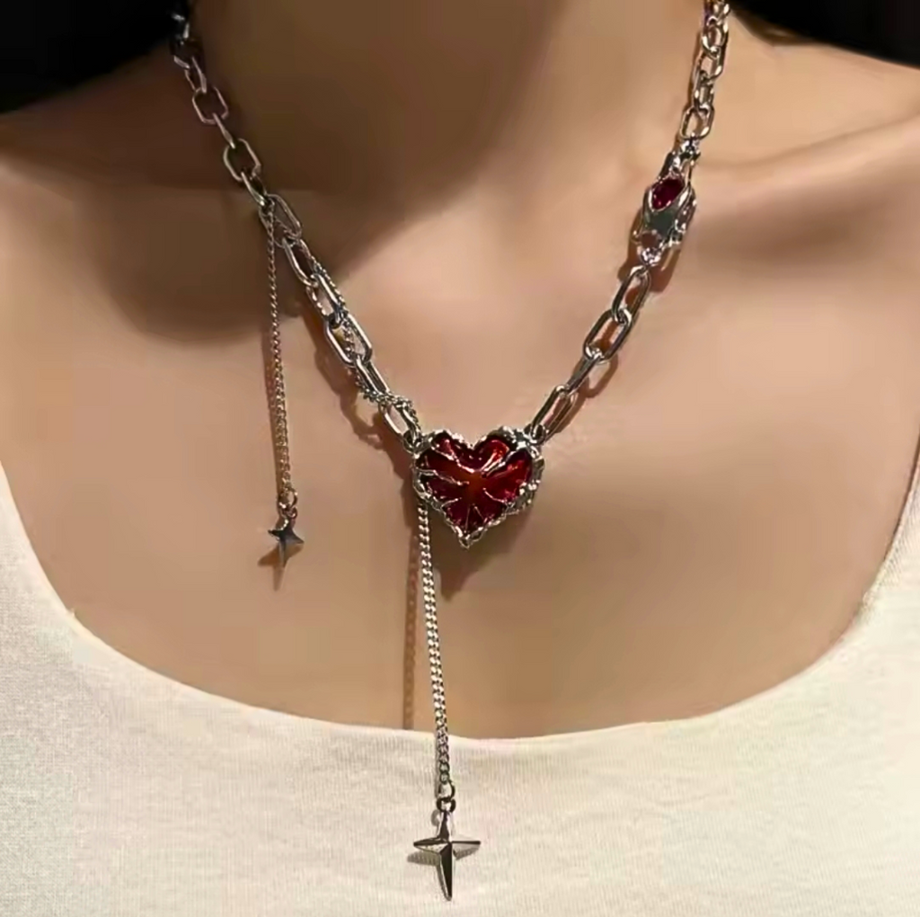Crimson Irregular Heart Star Drop Tassle Necklace