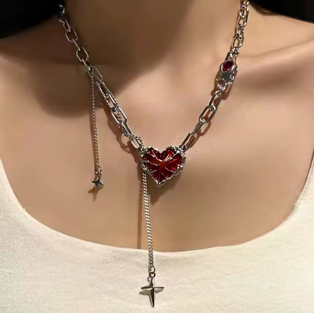 Crimson Irregular Heart Star Drop Tassle Necklace