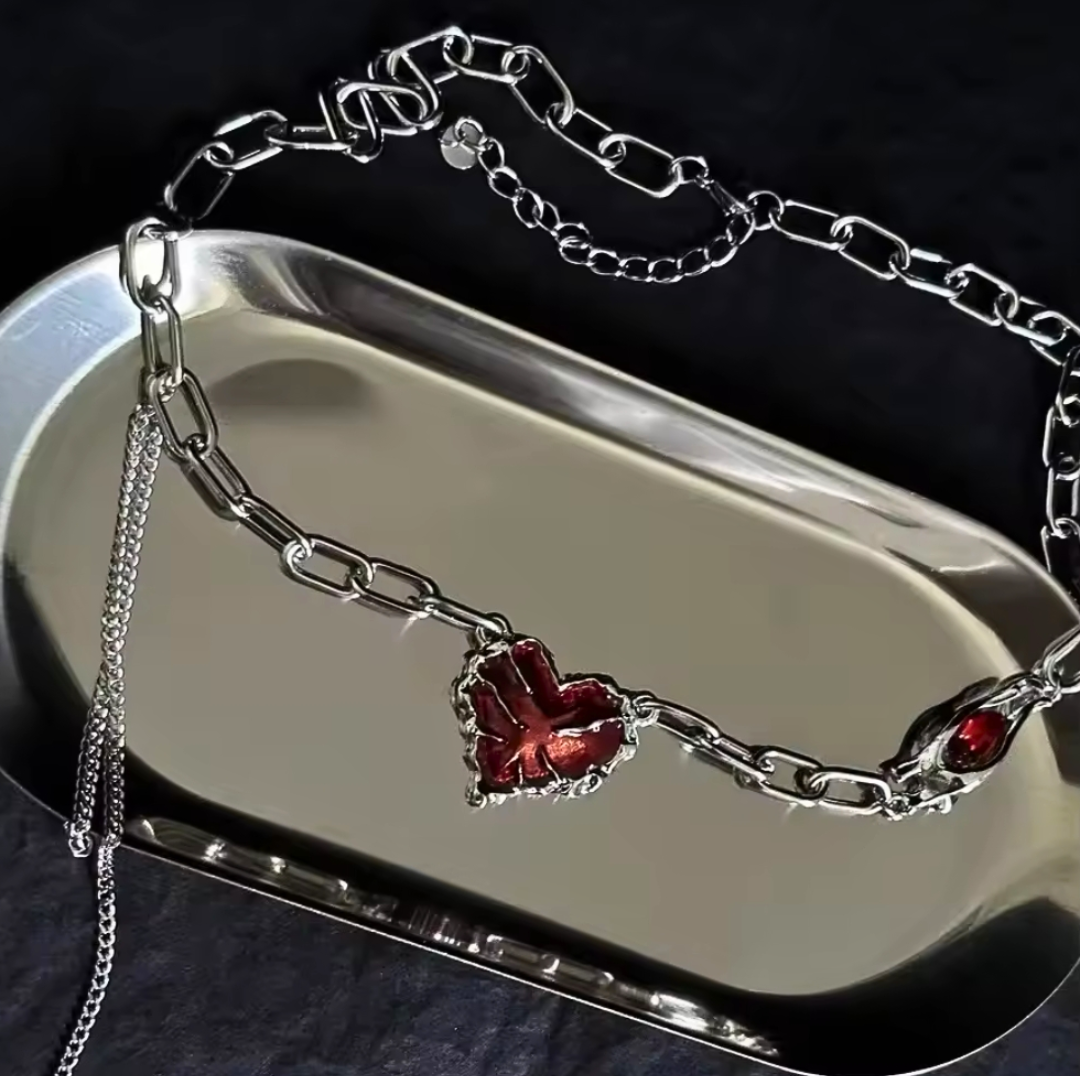 Crimson Irregular Heart Star Drop Tassle Necklace