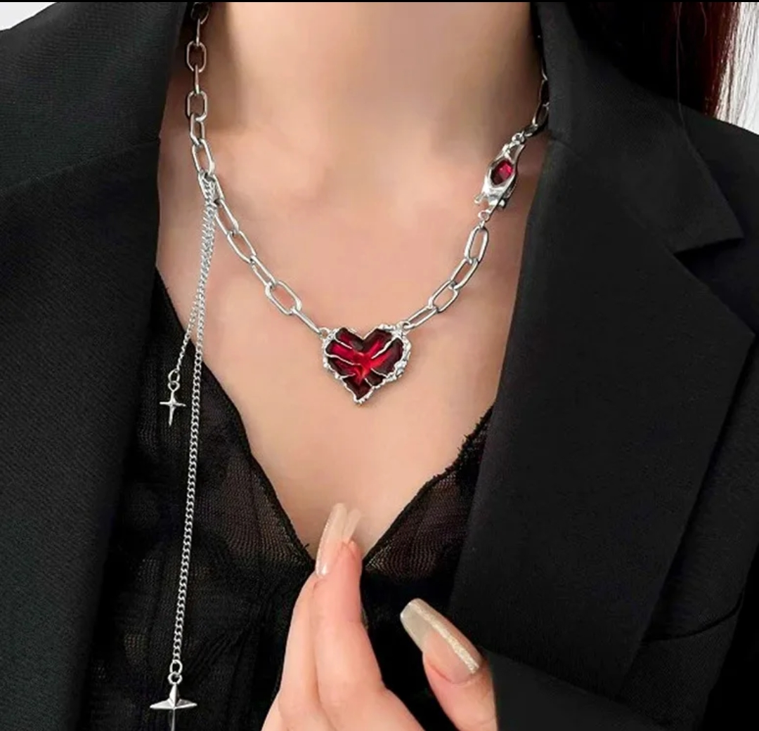 Crimson Irregular Heart Star Drop Tassle Necklace