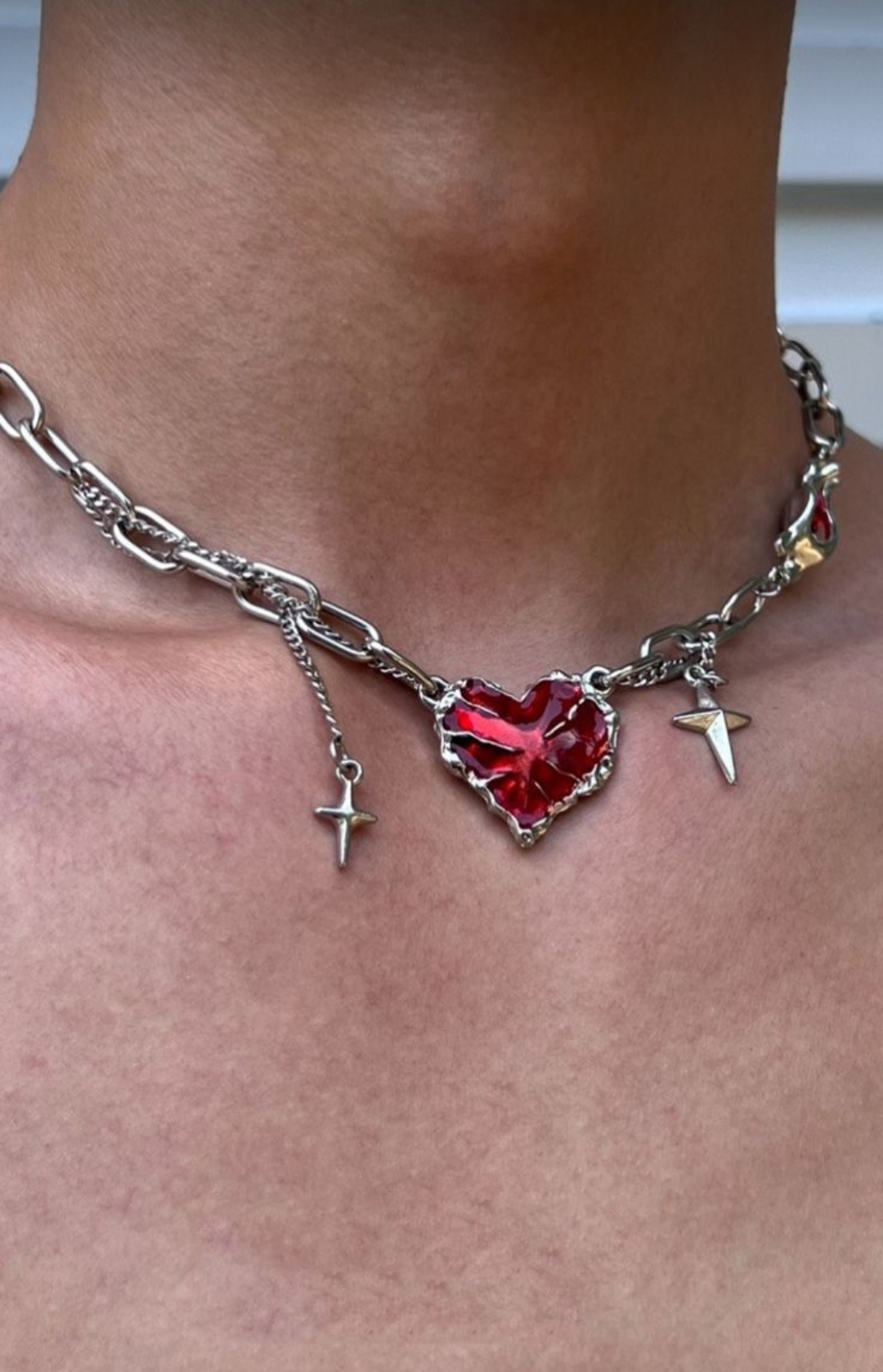 Crimson Irregular Heart Star Drop Tassle Necklace