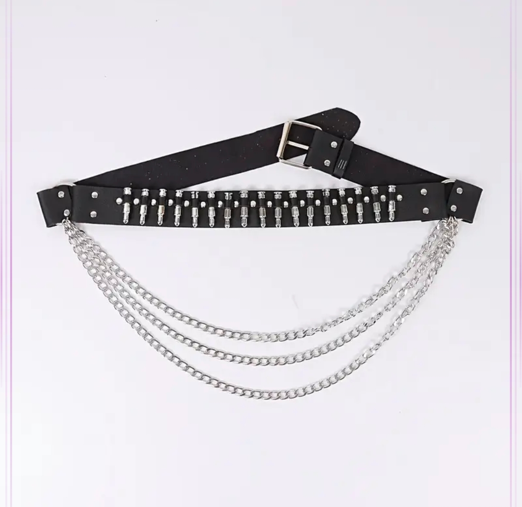 2 IN ONE Black Belt With Chains Y2k Punk Style Ammo Studded Leather belt