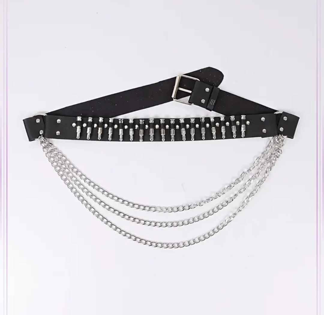 2 IN ONE Black Belt With Chains Y2k Punk Style Ammo Studded Leather belt