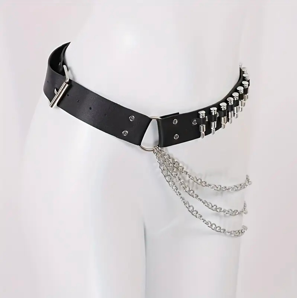 2 IN ONE Black Belt With Chains Y2k Punk Style Ammo Studded Leather belt