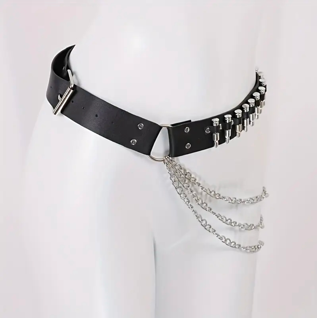 2 IN ONE Black Belt With Chains Y2k Punk Style Ammo Studded Leather belt