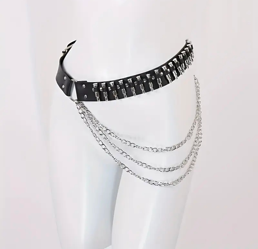 2 IN ONE Black Belt With Chains Y2k Punk Style Ammo Studded Leather belt