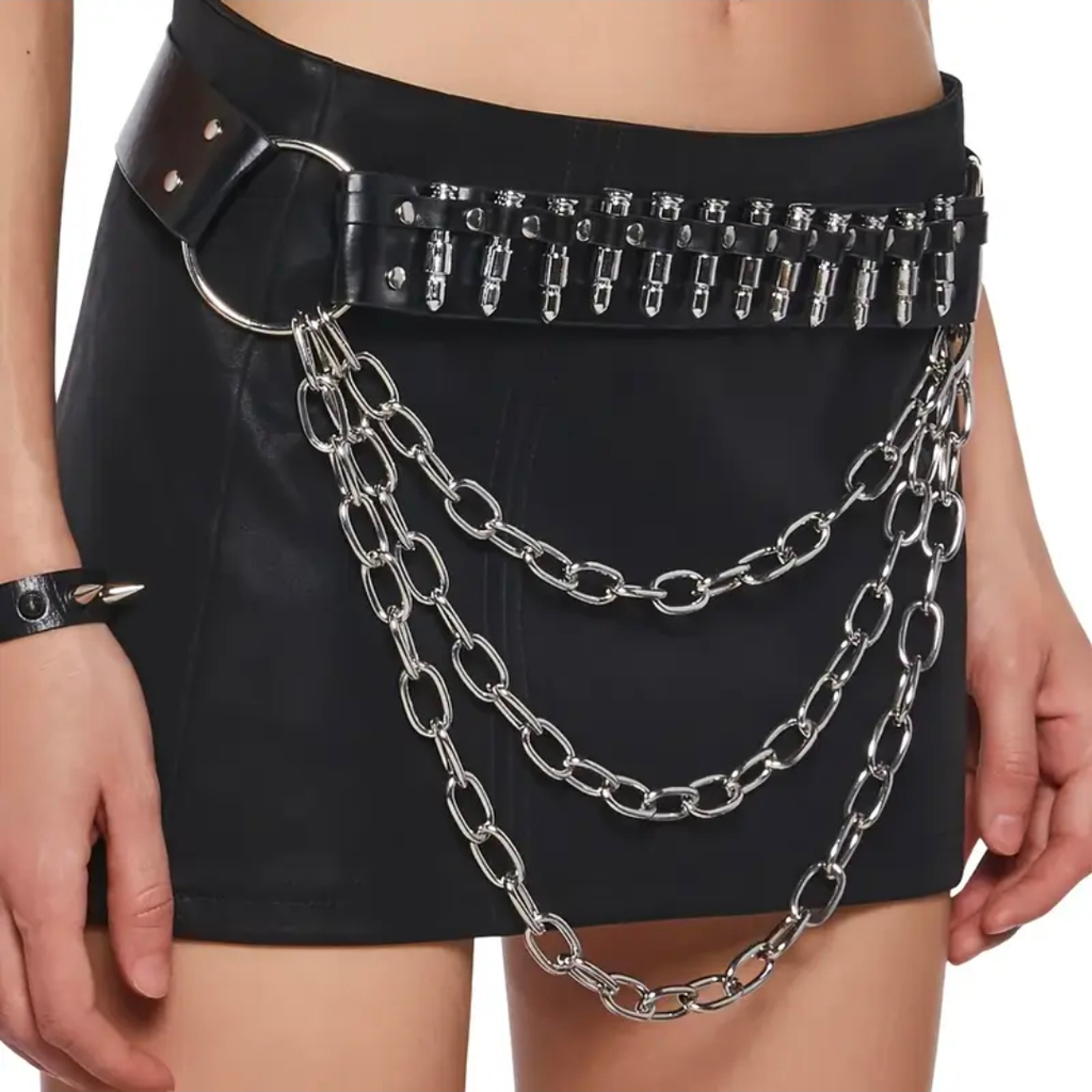 2 IN ONE Black Belt With Chains Y2k Punk Style Ammo Studded Leather belt