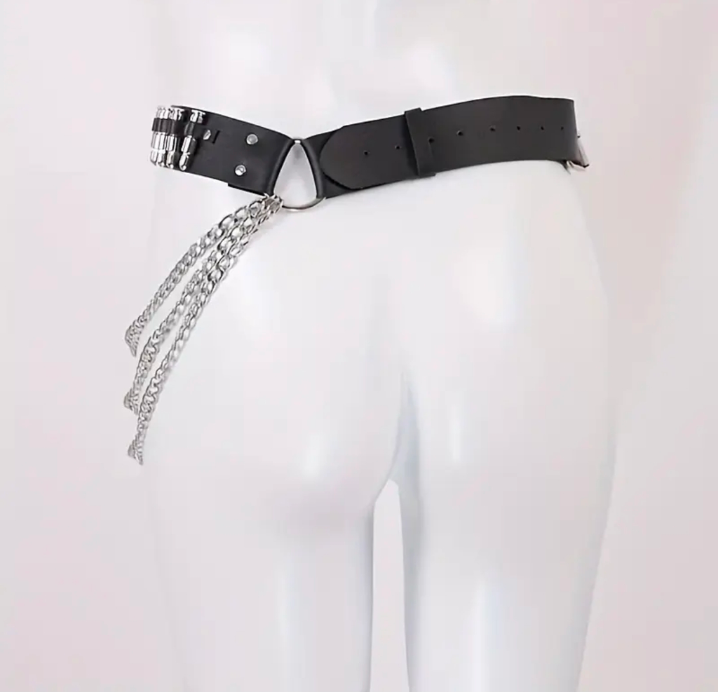 2 IN ONE Black Belt With Chains Y2k Punk Style Ammo Studded Leather belt