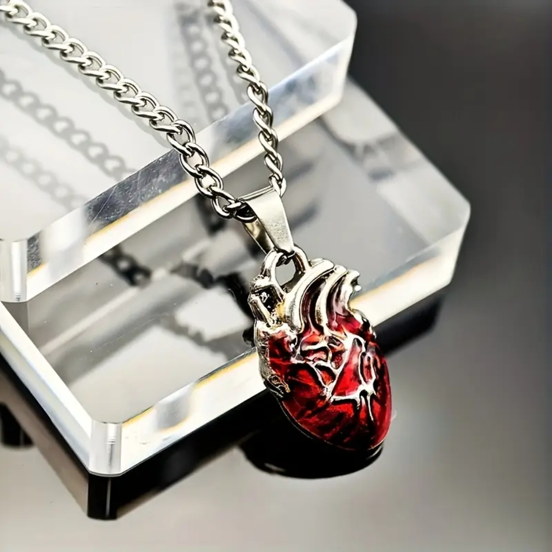 Crimson and Obsidian Anatomical Hearts Necklace