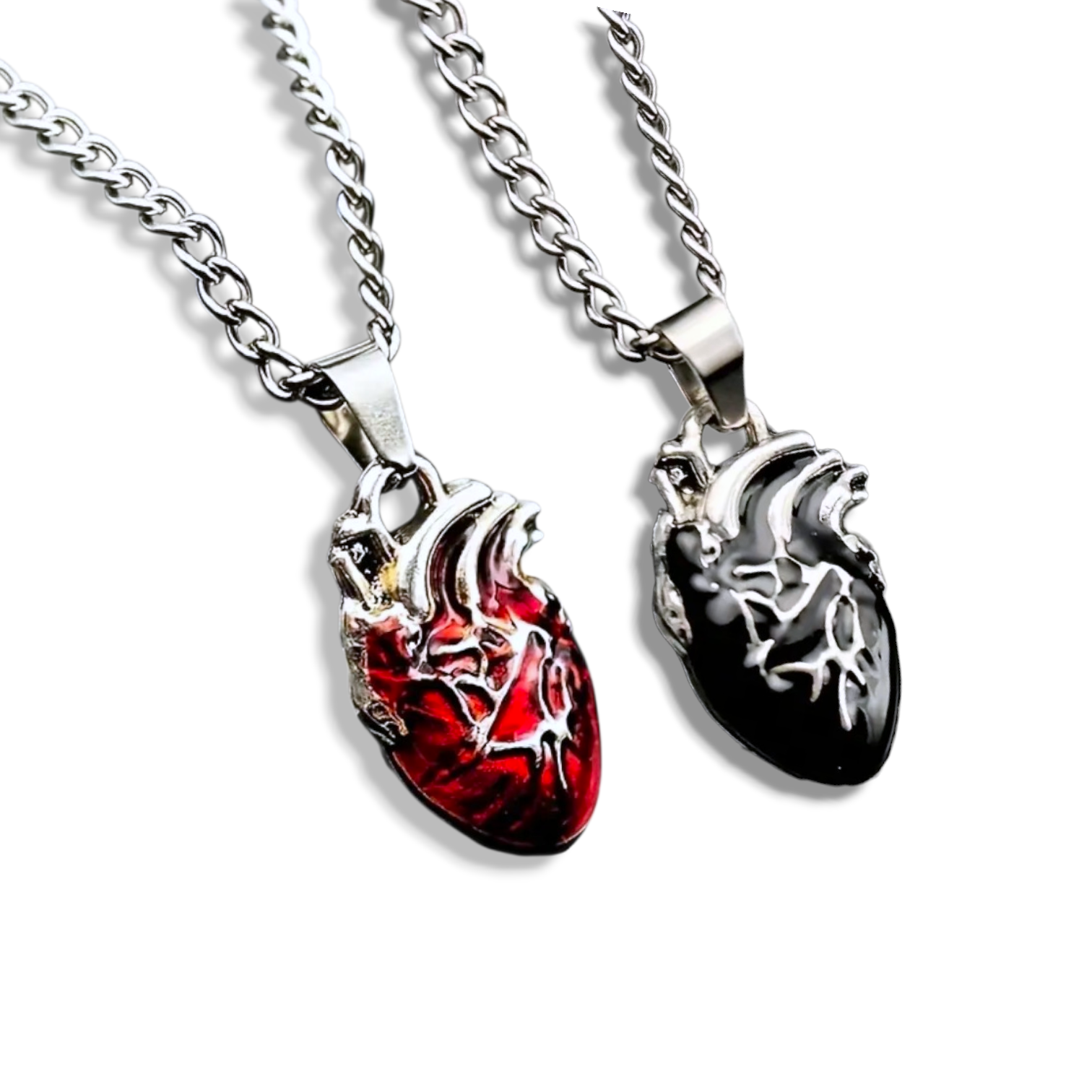 Crimson and Obsidian Anatomical Hearts Necklace